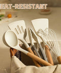 33 Piece Nonstick Silicone Kitchen Utensils Set With Holder Cream White Wooden Handles BPA Free Food Grade Heat Resistant