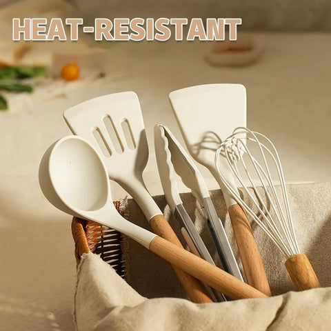 33 Piece Nonstick Silicone Kitchen Utensils Set With Holder Cream White Wooden Handles BPA Free Food Grade Heat Resistant