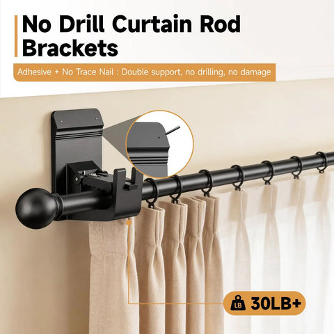Heavy Duty No Drill Curtain Rod Brackets With Super Tight Adhesive And Clear Pins, 30 Pound Weight Capacity Damage Free Curtain Holders No Drama Setup For Rentals And Homes 4 Pack