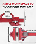 5 Inch Bench Vise With Anvil And Swivel Base For Home Shop Use Heavy Duty Jaw Throat Depth 2 11 16 Inches Jaw Opening 5 Inches 60000 PSI Ductile Iron Construction Reliable Clamp On Any DIY Project Great For Hobbyists And Makers, red vise with 5 inch jaws and swivel base