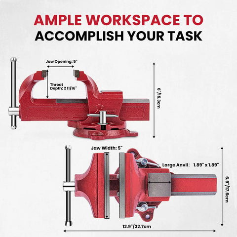 5 Inch Bench Vise With Anvil And Swivel Base For Home Shop Use Heavy Duty Jaw Throat Depth 2 11 16 Inches Jaw Opening 5 Inches 60000 PSI Ductile Iron Construction Reliable Clamp On Any DIY Project Great For Hobbyists And Makers, red vise with 5 inch jaws and swivel base