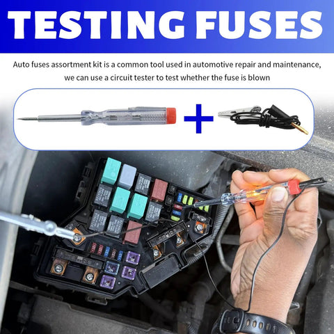 Garage Staple 306 Piece Auto Fuse Assortment Kit With Dual Circuit Testers And Pullers, testing car fuses with a circuit tester.