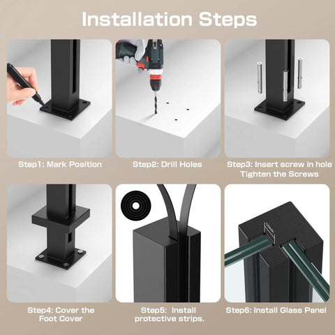 Stainless Steel Black Glass Railing Post With Internal Slot Balustrade System For Ten To Twelve Millimeter Glass, Complete Post Kit With Base Plate And Easy Installation For Balcony, Stairs, Deck, Patio, Or Pool