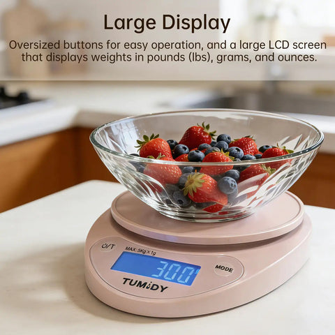 Pink Digital Kitchen Scale 11lb/5kg Capacity With 1g Precision, large LCD display showing 3.00 under a bowl of fruit