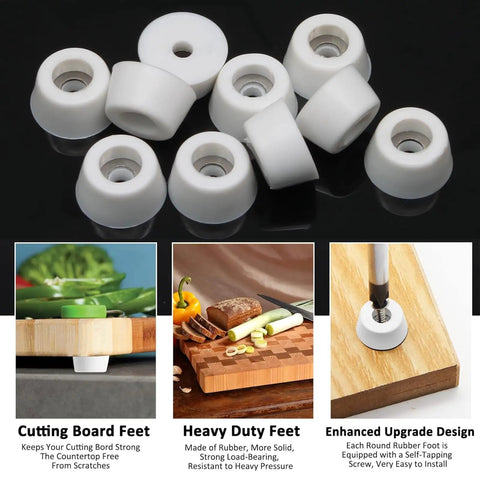 White Round Cutting Board Rubber Feet No Sweat Thermoplastic Base Pads With Stainless Screws For Kitchen Counter Stabilization, set of ten
