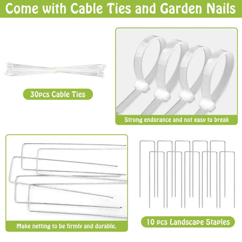 Ultra Fine Garden Netting 10X30Ft Plant Barrier includes 30 cable ties and 10 nails for backyard veggies and flowers protection.