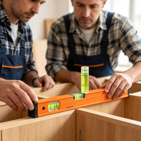 Two men using 6Pcs Small Cylindrical Bubble Level Vials 10X35Mm Pmma Mini on a wooden cabinet during DIY work.