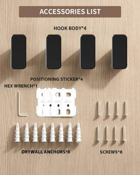 Accessories list for 4 Pack Matte Black Towel Hooks, includes hooks, drywall anchors, screws, hex wrench, and stickers.