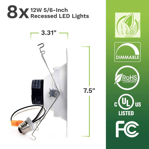 Side view of Eight Pack LED Recessed Ceiling Lights For Five To Six Inch Fixtures 12W Low Watt 90 CRI Dimmable 840 Lumen Retrofit Kit