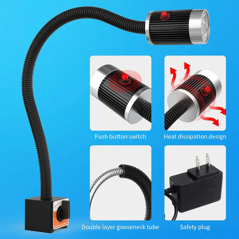 Beast Mode Bright Magnetic Work Light With 9W LED Gooseneck Adjustable Magnetic Base showing switch and power adapter