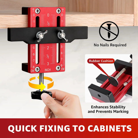 Top Shelf Adjustable Cabinet Door Positioning Jig, No Sweat Install Game Changer For Frameless Or Face Frame Cabinetry with measurement scale.