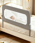 47-Inch Toddler Bed Rail For Crib To Big Kid Beds, showing gray frame with mesh, installed on bed with sleeping child.