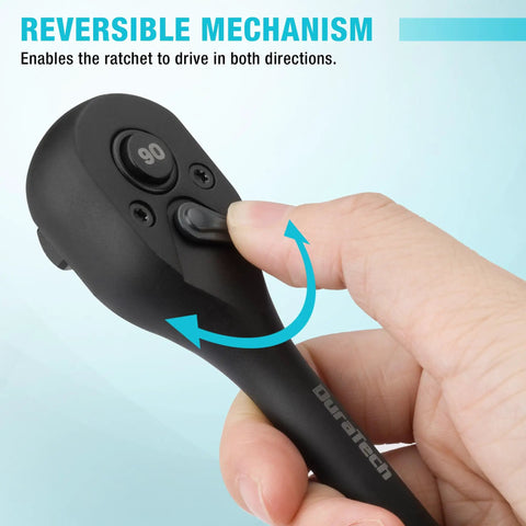 Hand holding a black ratchet from a Three Piece Drive Ratchet Set With One Quarter Inch Three Eighth Inch And One Half Inch Drives Ninety Tooth Quick Release Reversible Cr V Steel With Manganese Phosphate Black Finish Heavy Duty Gift For Men And Women, showing reversible mechanism.