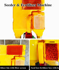 Close-up of dual storage buckets on Garden Seeder With Hand Push Roller And Fertilizer Spreader, showing seed and fertilizer bins.