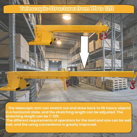 Badass Job Site Beast 6600lb Forklift Mobile Crane with 12ft Telescopic Jib Boom showcasing adjustable jib length.