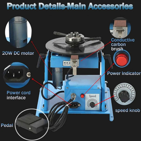 Close-up of Rotary Welding Positioner Turntable with 20W DC motor, foot pedal, speed control, and power indicator.