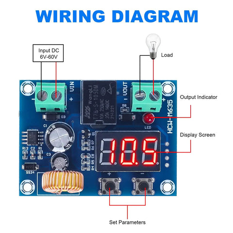 Wiring diagram of Straight Up Reliable Low Voltage Cutoff Relay Switch Automatic Battery Disconnect Protector Module for 12 To 36 Volt.