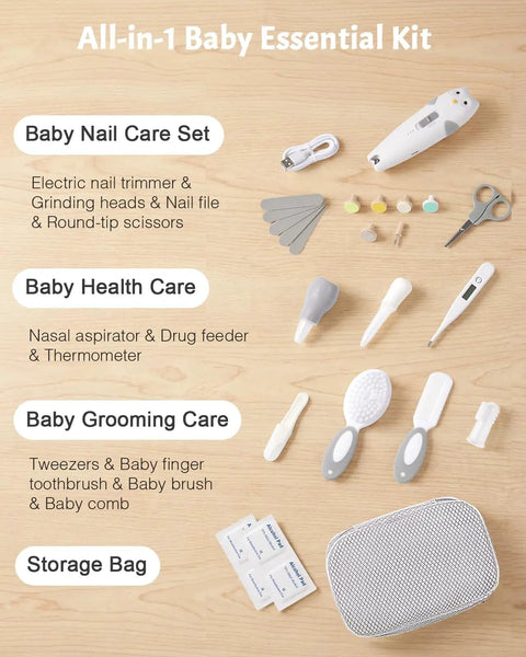 All-In-One Baby Care Kit With 26 Tools Including Electric Nail Trimmer Safe File With Auto Light Portable Nursery Health Care Set For Newborns Toddlers Boys And Girls For Home Travel Grey displayed with tools and storage bag