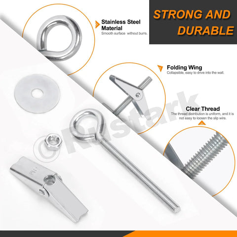 18 Pieces M4 M5 M6 O Shaped Eye Bolt Toggle Anchors Kit For Drywall Hanging Plants And Mounts shown with zinc coated steel and butterfly anchors.
