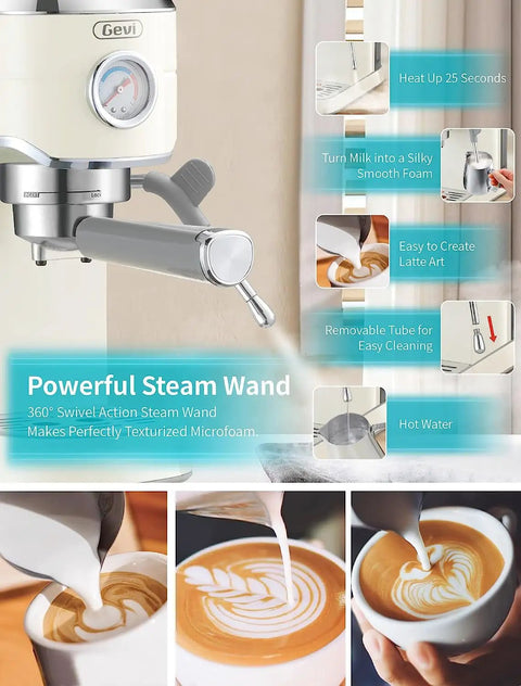 Top Tier 20 Bar Espresso Machine With Precision Burr Grinder And Full Steam Wand for creating silky microfoam and latte art.