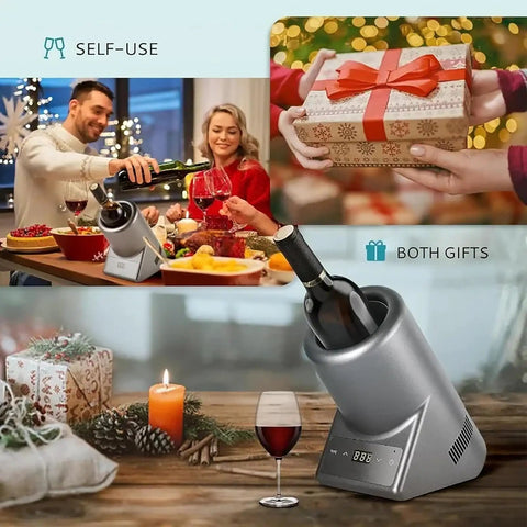 Kick It Cool With This Electric Wine Bottle Chiller That Locks In Frosty Temperatures Using Zero Ice And Smart Digital Controls Portable Single Bottle Cooler during a festive gathering.