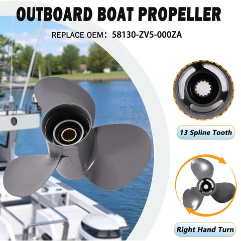 Eleven And One Quarter By Thirteen Outboard Boat Propeller For Honda Engines Thirty Five To Sixty HP Aluminum Three Blade