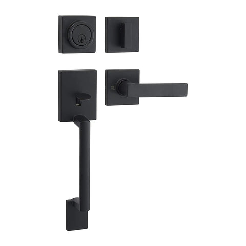 Matte Black Front Door Lock Set With Stamford Lever Handleset Exterior Single Cylinder, Level Door Handle, 1 Pack