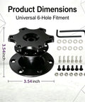 Slick Heavy Duty Quick Release Steering Wheel Adapter With Anti Theft Security Hub And Beefy Bolt On Heightening Boss Kit For Street Rods And Race Builds Black showing dimensions and 6-hole fitment.