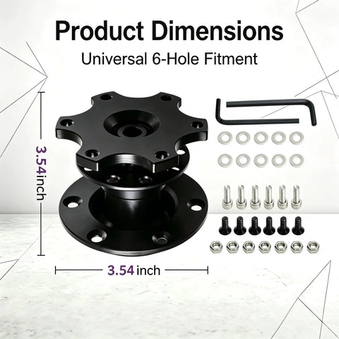 Slick Heavy Duty Quick Release Steering Wheel Adapter With Anti Theft Security Hub And Beefy Bolt On Heightening Boss Kit For Street Rods And Race Builds Black showing dimensions and 6-hole fitment.