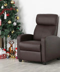Brown Recliner Chair Featuring Three Position Recline And Plush Faux Leather Upholstery Rugged Wood Frame Engineered For Serious Living Room Comfort Smooth Tilting Action For Kickback Sessions near a Christmas tree.