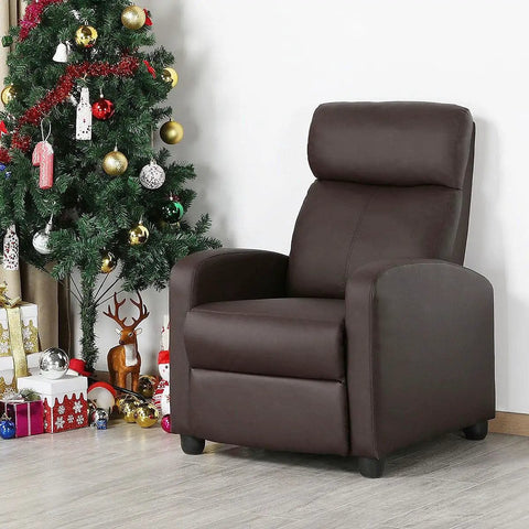 Brown Recliner Chair Featuring Three Position Recline And Plush Faux Leather Upholstery Rugged Wood Frame Engineered For Serious Living Room Comfort Smooth Tilting Action For Kickback Sessions near a Christmas tree.