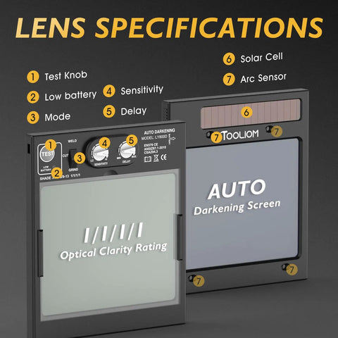 Close-up of Workhorse Large Viewing Auto Darkening Welding Helmet lens specifications with controls and clarity rating.
