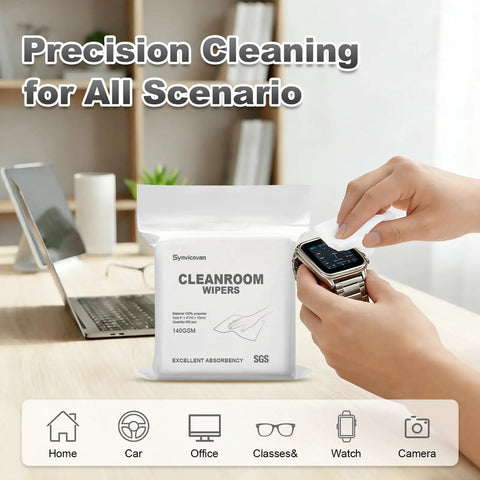 Hella Durable Zero Lint Cleanroom Cloth Wipes Made From Premium Polyester Microfiber Measuring Four By Four Inches At 140 Gsm Offering Tear Resistant Reusable Washable Performance For Tough Cleanup Tasks While Protecting Every Surface, packaging and usage for cleaning a watch.