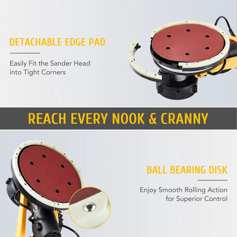 Close-up of Six Speed Drywall Sander with vacuum attachment showcasing detachable edge pad and ball bearing disk.