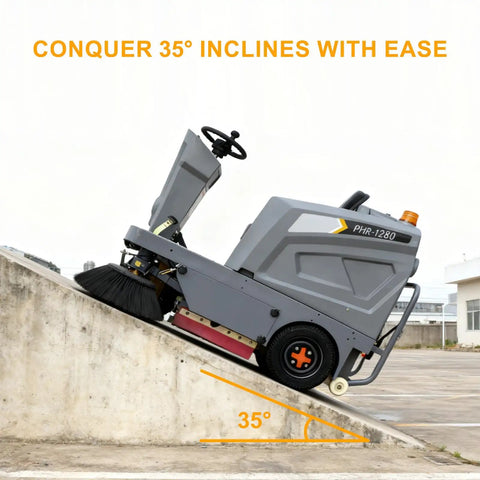 Tough As Nails Ride On Floor Sweeper With A Massive 50 Inch Sweep Path on a 35-degree incline demonstrating its capability.