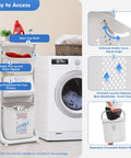 Three Tier Rolling Laundry Cart With Wheels For Bathroom And Bedroom, 360 Degree Spinner Laundry Organizer next to washing machine
