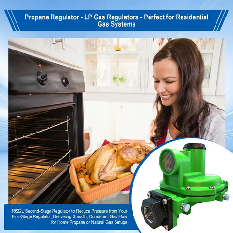 Make Sure Your LP Setup Runs Dead Nuts With This Heavy Hitter 2nd Stage Propane Regulator Featuring Adjustable 9 To 13 WC Pressure And 3 4 Inch NPT Ports For Smooth 1.6 Million BTU Hour Output And Slick Residential Performance. Showcasing a woman checking a turkey in the oven with a green propane regulator.