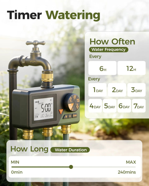 Three Zone Brass Sprinkler Timer For Lawn And Garden, 3 outlet water hose timer with programmable display and settings options.
