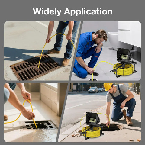 Pro-Grade Sewer Camera Kit With 100 Ft Cable And 4.3 Inch HD Screen 23mm Endoscope With 12 LED Lights 8500mAh Battery Portable Drain Inspection Tool For Plumbers And Homeowners in use at drain and manhole openings