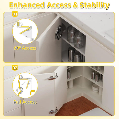 Smooth Operator 135 Degree Lazy Susan Hinges For Corner Cabinets showing 60 and full access views of cabinet arrangement.