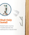 Nickel hook installation close-up for Heavy Duty Picture Hangers Set 100 Lb Per Hook With Nails for drywall secure hold