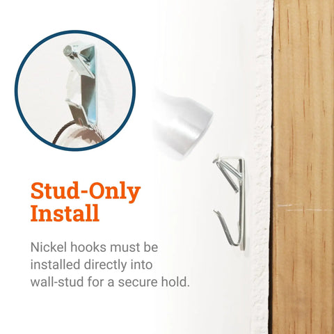 Nickel hook installation close-up for Heavy Duty Picture Hangers Set 100 Lb Per Hook With Nails for drywall secure hold