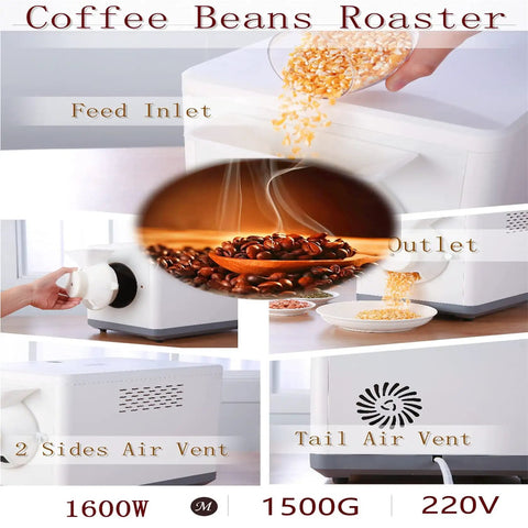 Automatic Coffee Bean Roaster With Nonstick Electric Pan For Peanuts Cashews And Chestnuts Featuring Adjustable Heat And Timer Knobs For Smooth No Sweat Home Roasting Top Shelf Results with feed inlet and air vents.