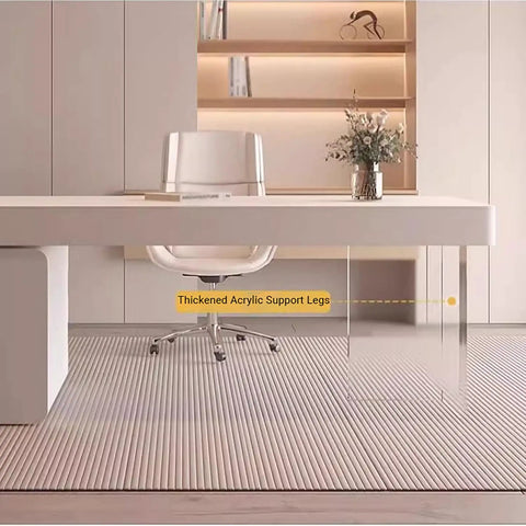 Cream L Shaped Desk With Plenty Of Storage Drawers And Smooth Rolling Wheels Floating Clear Acrylic Legs in modern home office.