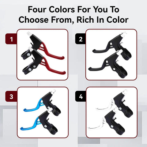 Universal Aluminum Alloy Bike Brake Levers for Mountain Road and BMX shown in red, black, blue, and silver variations.