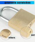 Comparison of sharp and smooth edges on a padlock with prevents scratches label, focusing on damage prevention feature.