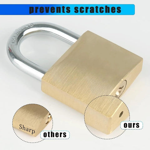 Comparison of sharp and smooth edges on a padlock with prevents scratches label, focusing on damage prevention feature.