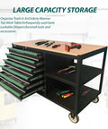 Beast Rolling Tool Cart Cabinet with 7 lockable drawers, double shelves, wood workbench, heavy duty steel construction for garages