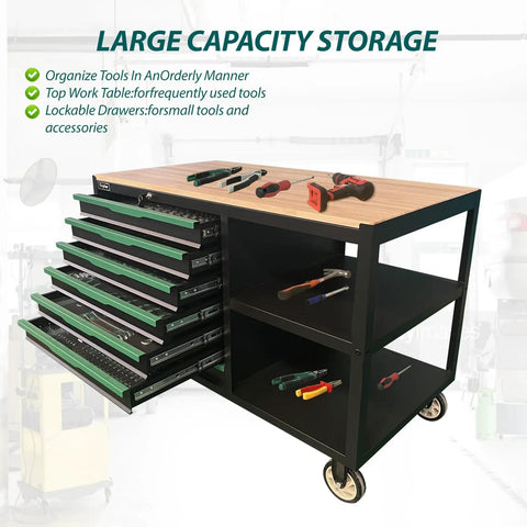 Beast Rolling Tool Cart Cabinet with 7 lockable drawers, double shelves, wood workbench, heavy duty steel construction for garages