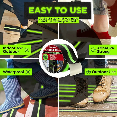 Heavy Duty Grip Tape For Stairs With Glow In The Dark Strips Waterproof Anti Slip Non Skid Tape displayed with various shoes indoors and outdoors